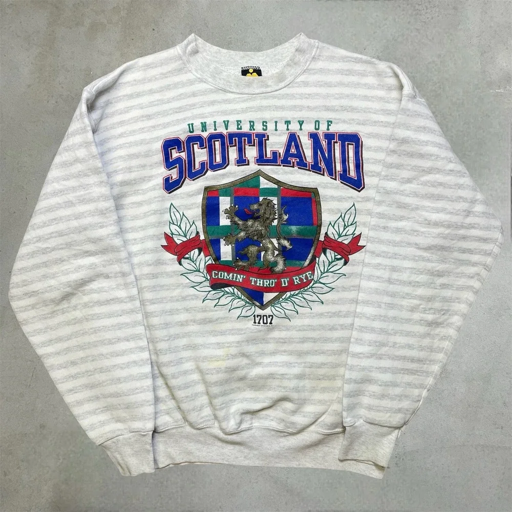 Vintage Scotland University Sweatshirt Men's L Grey Striped Crewneck Made in USA